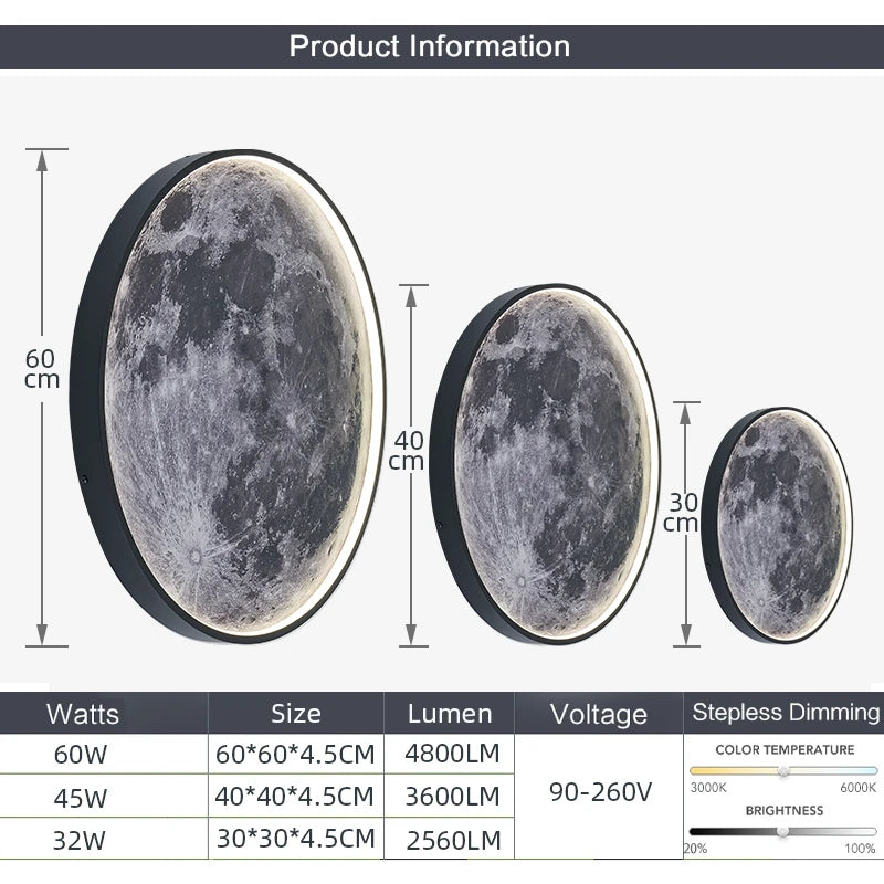 Moon Wall Light 3D Mural sizes